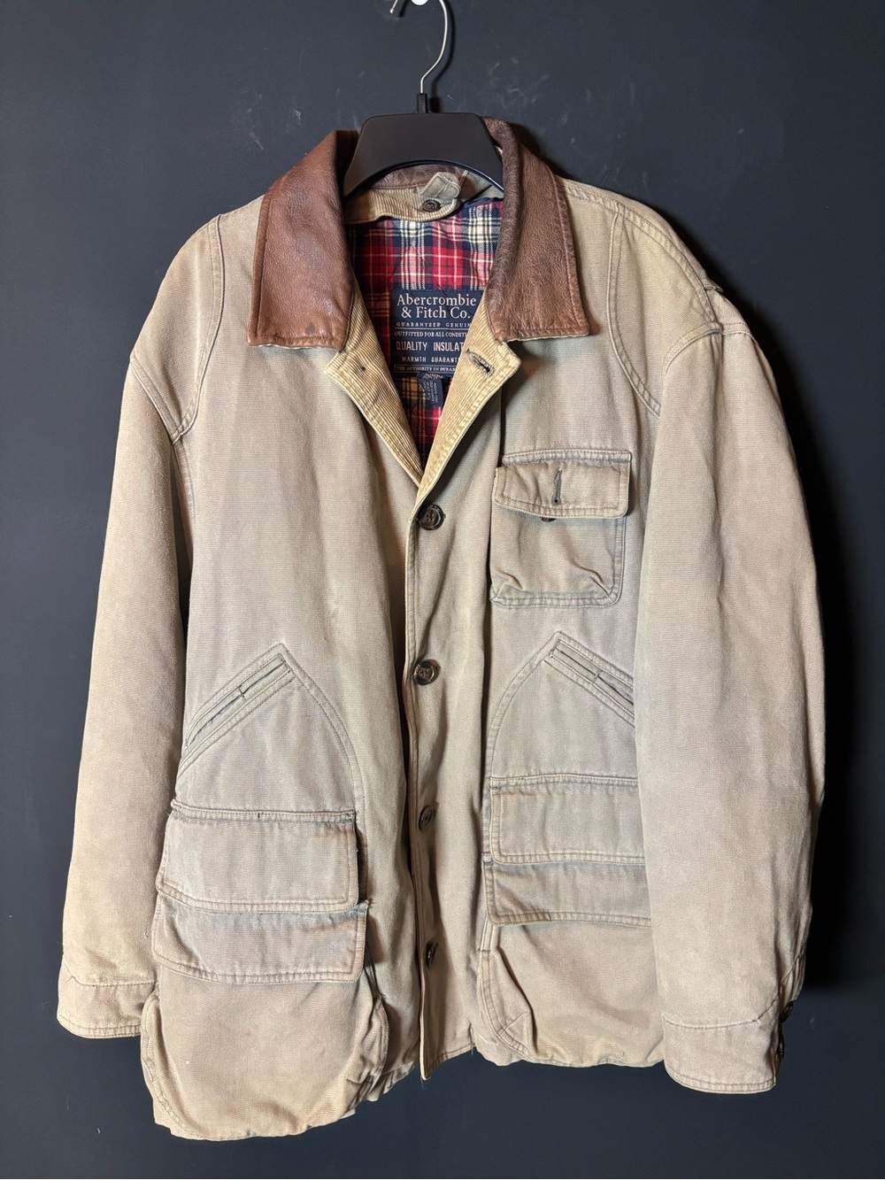 Vintage Abercrombie & Fitch Tan Field Jacket with Brown Leather Collar-Large